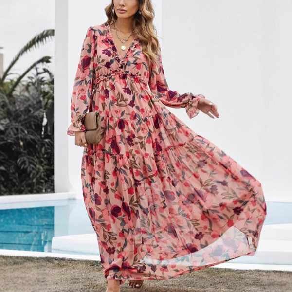 Robe Longue Fleurie à Taille Haute